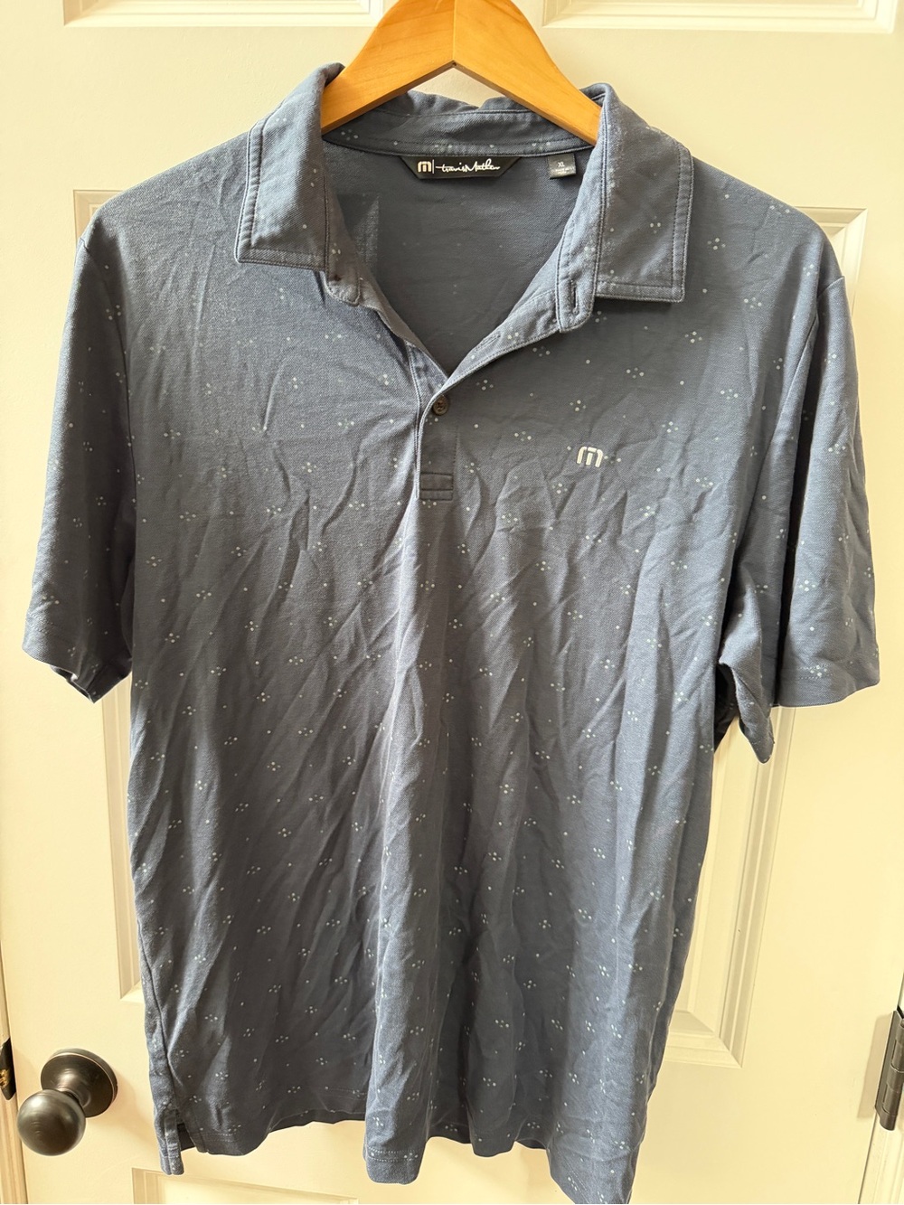 Travis Mathew Slate Blue Short Sleeve Polo with Micro Dot Pattern